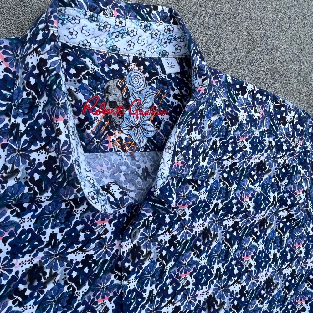 Robert Graham Mens XL Classic Fit Blue Floral Skull Short Sleeve Button Down